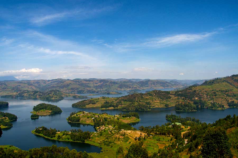 Panoramic view of Lake Bunyonyi from the resort on a Rwenzori Mountain Trekking Safari
