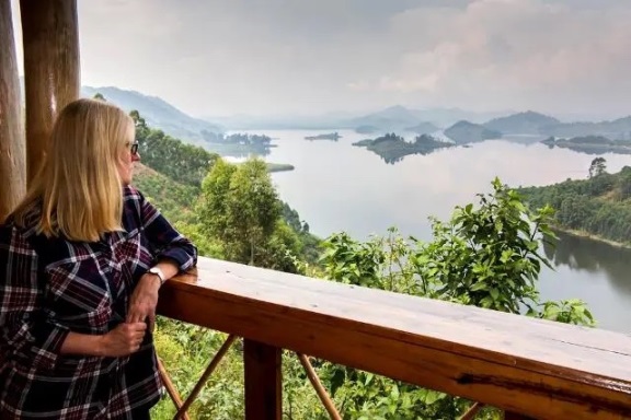 Scenic view of Lake Mutanda with Virunga Volcanoes backdrop