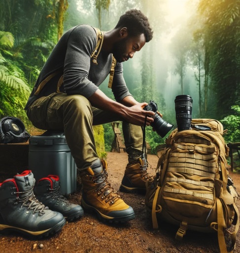 A trekker preparing their gear for a gorilla trekking adventure in Uganda, including hiking boots, backpack, and camera.